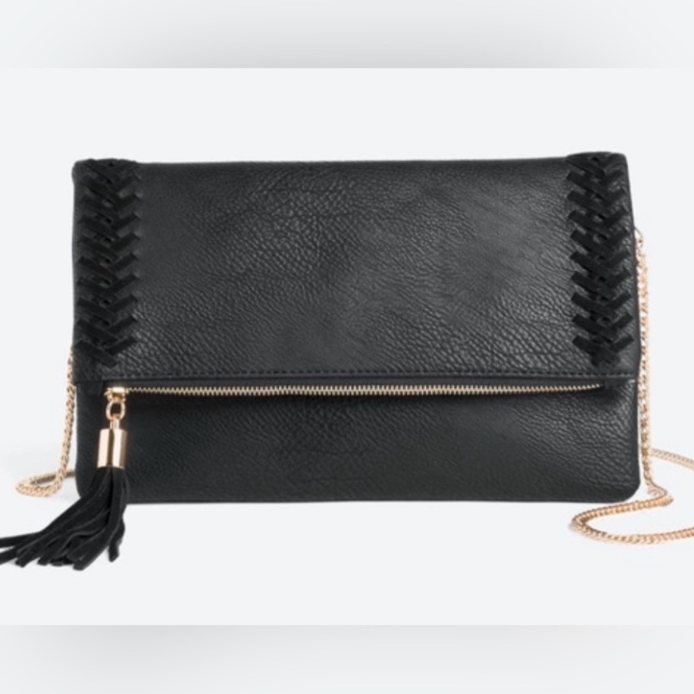 Mode Luxe Black Vegan Leather Clutch with Chain Strap